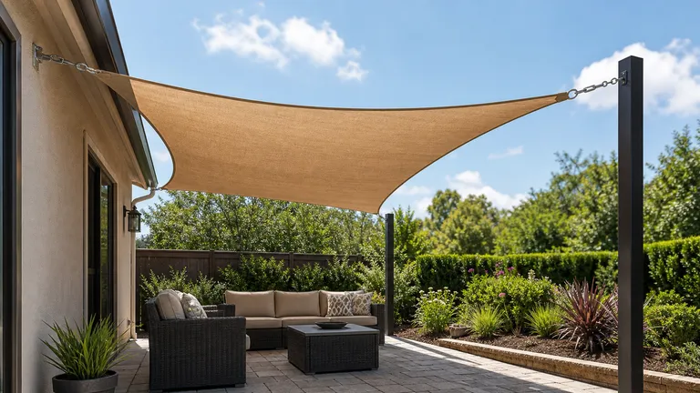 Outdoor shade sail stretched between house-side and post anchors.