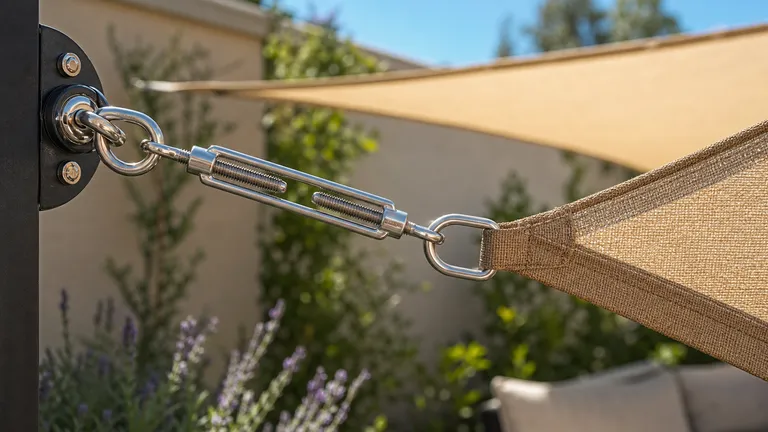 Close view of outdoor metal hardware similar to shade sail tension fittings.