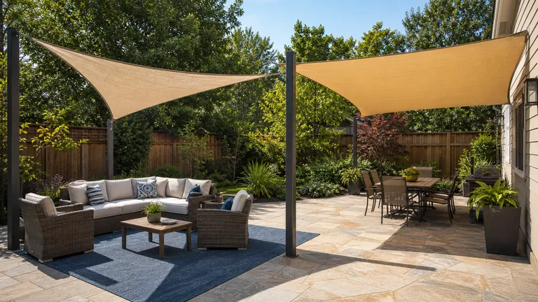 Patio with overhead shade where shape and coverage affect furniture placement.