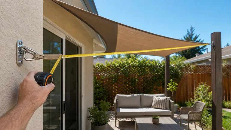 Patio shade area measured between anchor points.