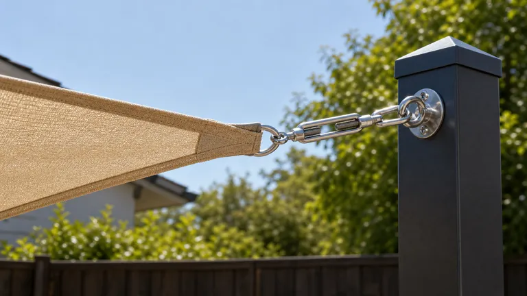 shade sail corners connected to posts with visible tensioned fabric edges