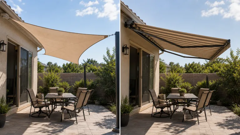 Shade sail and patio awning compared over similar patios.