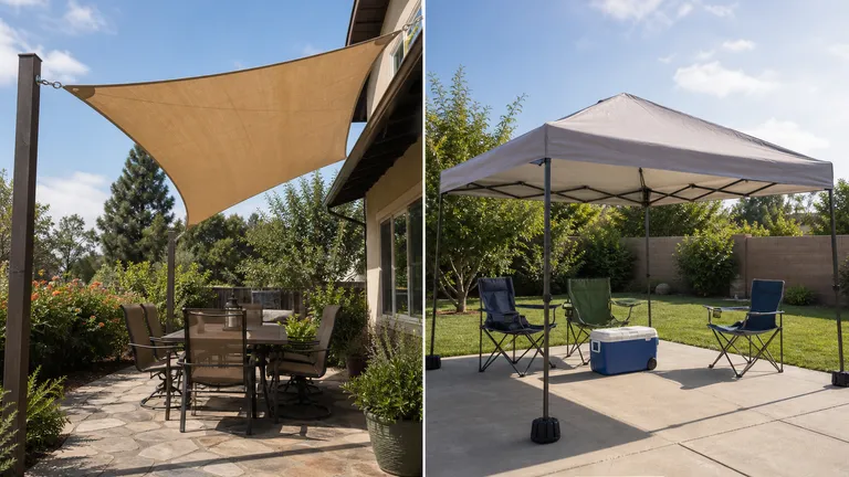 Fixed shade sail and portable canopy compared.