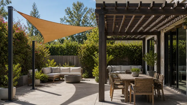 Patio shade structure showing posts, roofline and outdoor seating.
