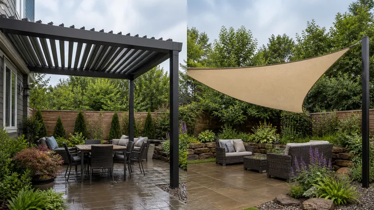 Outdoor patio frame and shade fabric detail near a seating area.