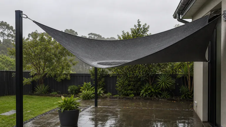 Shade sail with water collecting in a low spot.