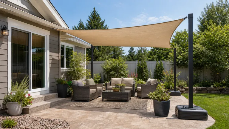 Outdoor patio shade area where freestanding supports are safer than attaching fabric to trim.