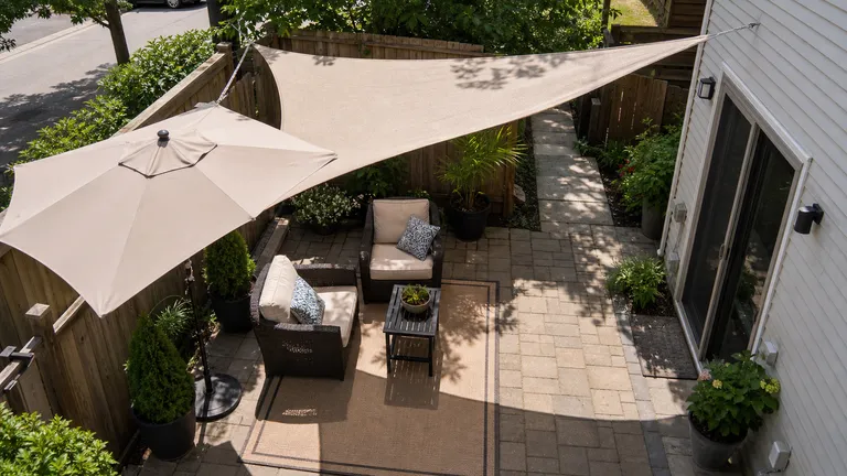 Small patio layout showing seating, walking path and shade footprint.