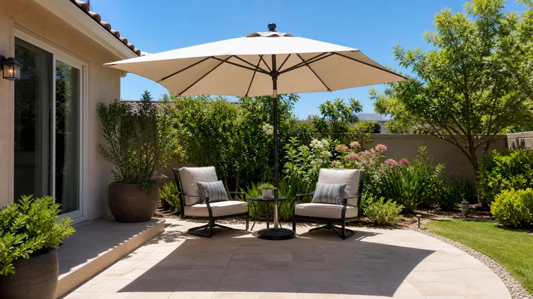 Outdoor patio chairs shaded by an umbrella and nearby planting.