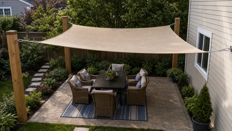 Rectangle shade sail stretched between four anchor points.