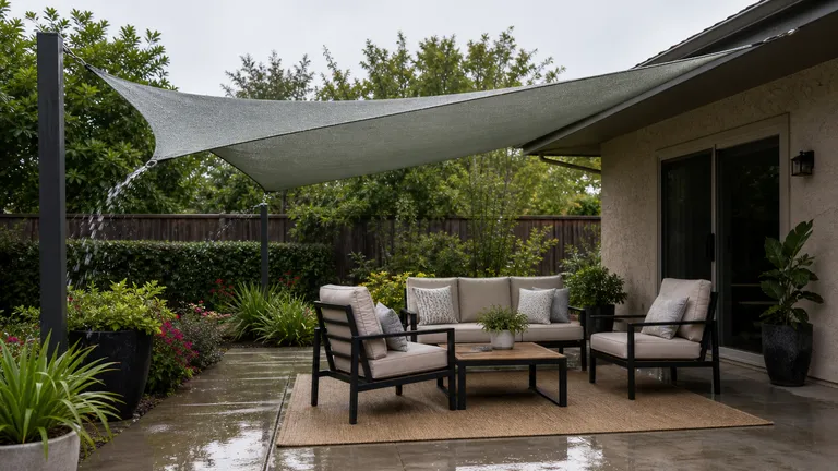 Outdoor patio shade fabric with open sides for airflow and drainage planning.