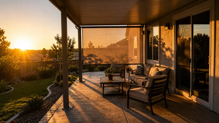 Patio seating beside a house where late sun can reach under the overhead cover.